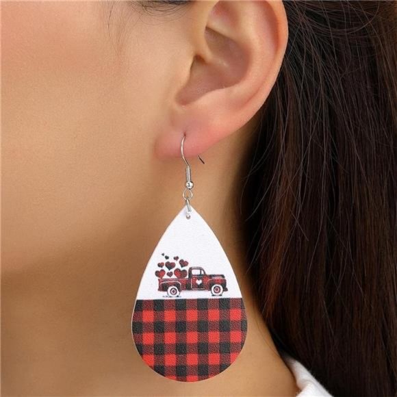 Heart Earrings Red Buffalo Plaid Truck Dangle Drop Dangling Valentines Jewelry - Picture 4 of 4